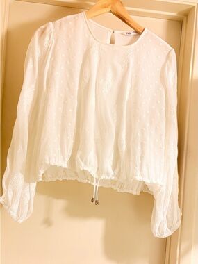 Zara Cream Textured Swiss Dot Drawstring Hem Blouse